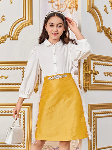 Tween Girls' Elegant Feather Decoration Shirt With Rhinestone Button And Skirt Set