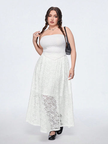 Plus Size White Lace Elastic Waist A-Line Skirt