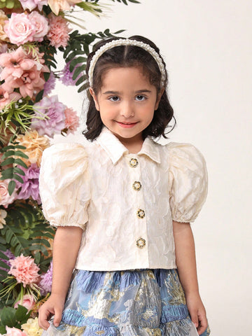 Young Girls' Lovely Collar Puff Sleeve Shirt With Cut Flowers And Pearl Buttons