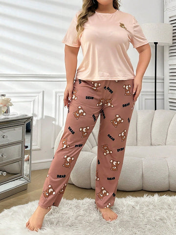 Plus Size Cartoon Bear Printed Pajama Set