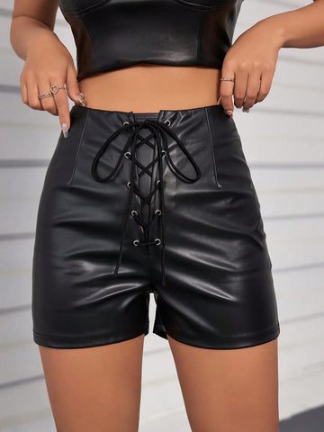 Fashionable And Sexy Criss-Cross Laced Pu Leather Shorts