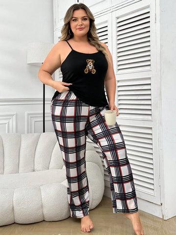Plus Size Women's Bear Print Cami And Plaid Pants Pajama Set