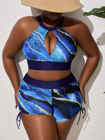 Plus Size Marble Printed Swimsuit Set