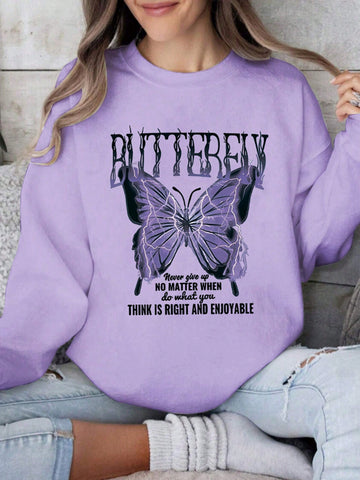 Women's Butterfly & Slogan Printed Sweatshirt