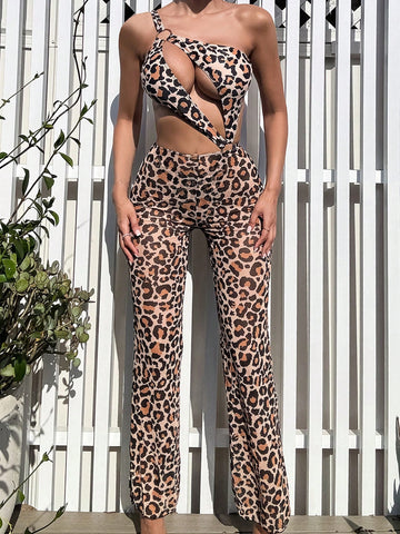 Women'S Round Ring Decoration Leopard Print One Shoulder Swimsuit With Hollow Out Detail Plus Swimming Tights