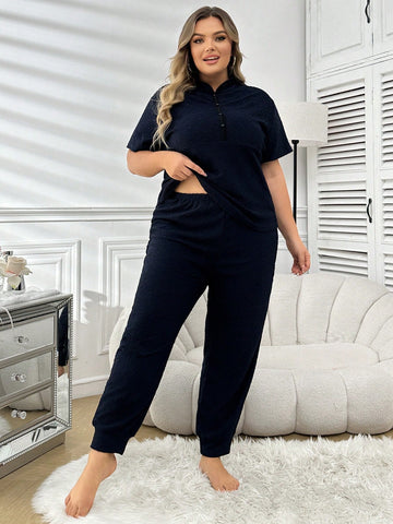 Plus Size Half-Zip Stand Collar Short Sleeve Top And Pants Pajama Set