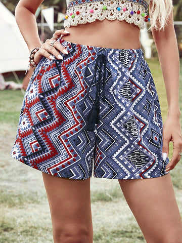 Ladies' Summer Vacation Country Festival Outfits Geometric Print Waist Tie Shorts