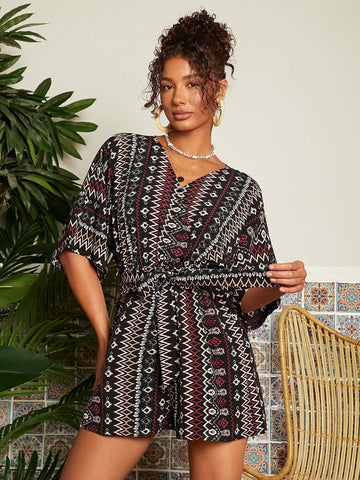 Vacation Woven Loose Fit Women's Geometric Print Romper