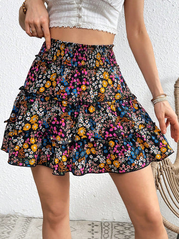 High Waisted Print Flare Beach   Skirt With Multiple Layers For A Beautiful And Romantic Look On Vacations