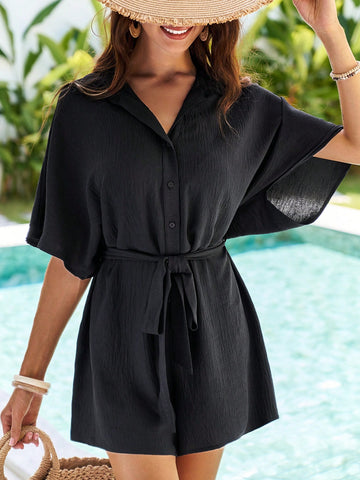 Vacation Solid Color Loose Fit Shirt Collar Open Front Romper