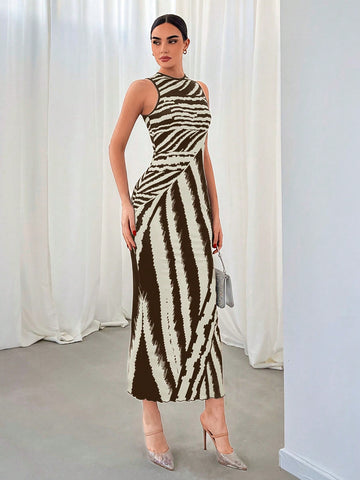 Long Printed Bodycon Dress For Office Lady