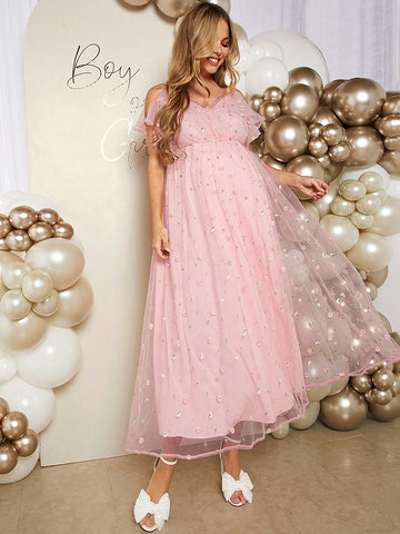 Young, Casual, Elegant, Romantic, Gender Neutral Open Party, Spaghetti Strap, Mesh Embroidery, Extra Long Form-Fitting Maternity Dress