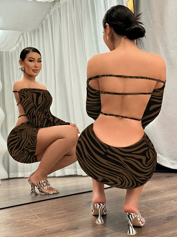 Women's Sexy Clubwear Animal Print Backless Off Shoulder Bodycon Dress