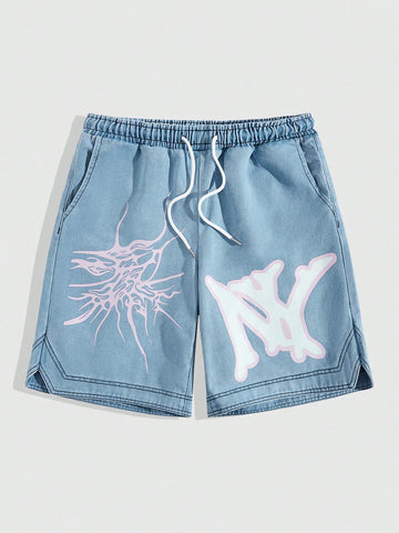 Men's Drawstring Waist Denim Shorts With Letter Print For Casual Occasions, Spring And Summer