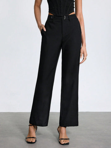 Women's Solid Color Straight Leg Suit Pants With Pockets