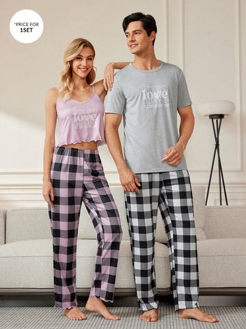 1pc Men's Slogan Print Short Sleeve T-Shirt And 1pc Gingham Pattern Long Pants Homewear Set