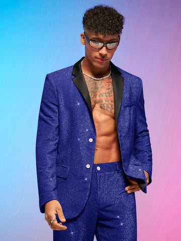 Men's Color Block Lapel Glitter Knitted Casual Blazer