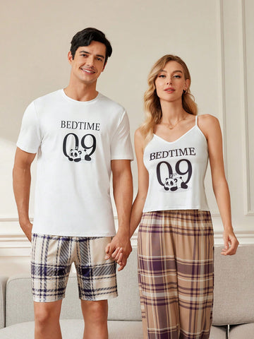 Men's Panda Printed T-Shirt And Plaid Shorts Home Wear Set