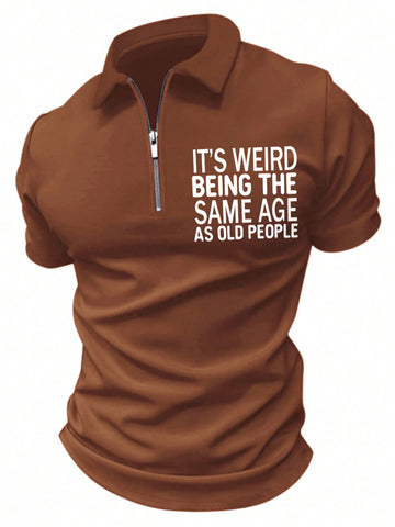 Men's Slogan Printed Zippered Half Placket Short Sleeve Polo Shirt