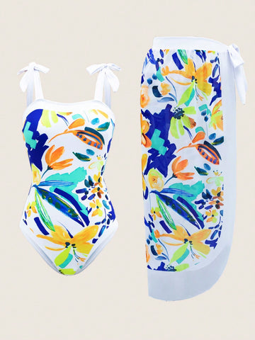 Floral Printed Slim Fit One-Piece Swimsuit With Cover-Up Skirt Suit
