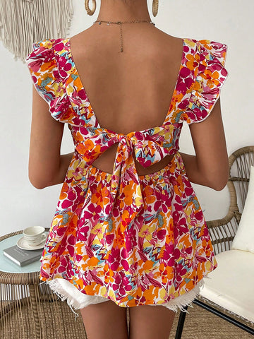 Floral Print Backless Tie-Strap Cami Top With Ruffle Hem