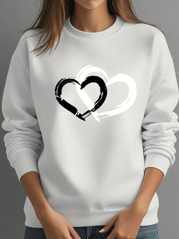 Plus Size Women's Heart Printed Round Neck Sweatshirt Pullover