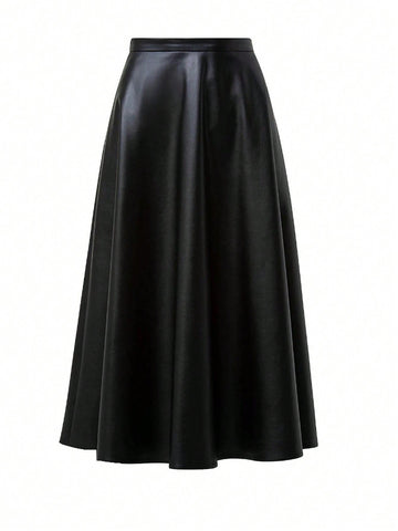 Plus Size Women's Pu Leather A-Line Midi Skirt