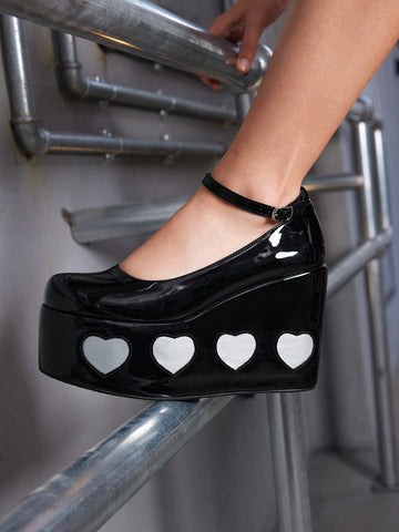 Women's Outdoor Shoes With Wedge Heels, Thick Soles, Heart-Shaped Patterns, Simple Style And Black Buckle Straps Design