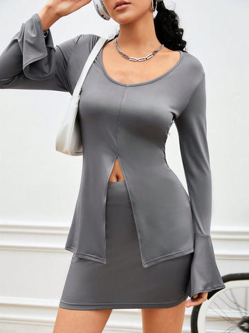 Solid Color Split Round Neck Top And Skirt Sports Suit