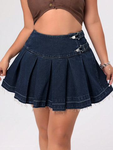 Plus Size High Waist Pleated Denim Skirt