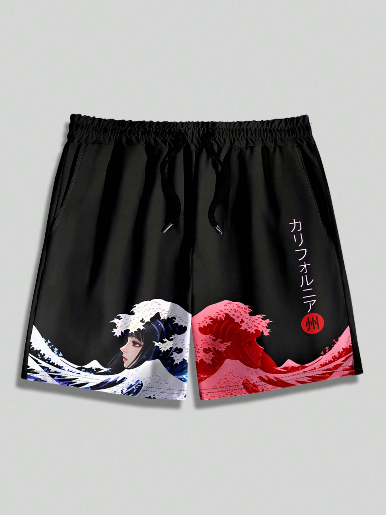 Men's Anime Character & Wave Pattern Printed Woven Shorts For Spring And Summer