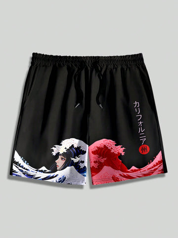 Men's Anime Character & Wave Pattern Printed Woven Shorts For Spring And Summer
