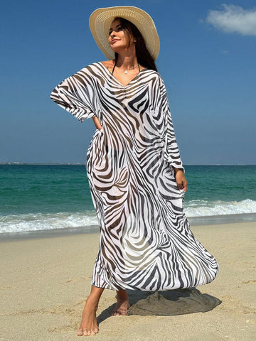 Women's Zebra Print Mesh Sheer Long Sleeve Cover-Up Dress