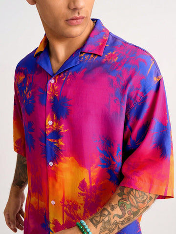 Men's Oversized Shirt With Palm Tree Printed In Purple Red