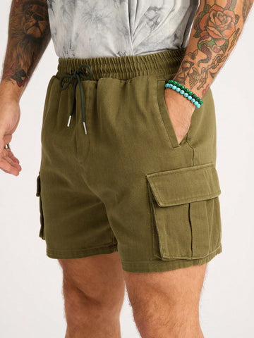Men's Green Elastic Waist Cargo Shorts With Washed-Out Look, Multiple Pockets