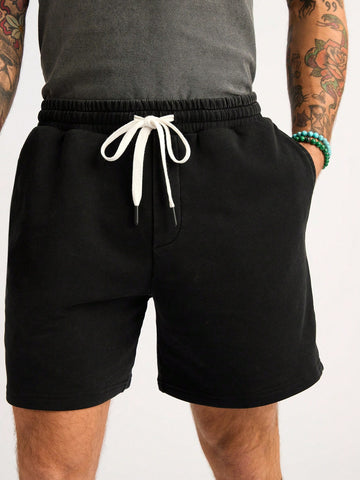 Men's Black Washed Casual Drawstring Waist Shorts