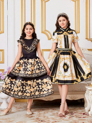 Teen Girls' Woven Elaborate Palace Style Floral Print Turn-Down Collar Shirt And Skirt Set