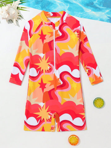 Young Girl's Full Print Front Zipper One-Piece Swimsuit