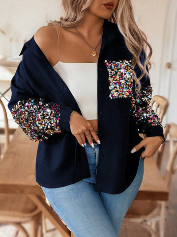 Plus Size Sequin Patchwork Button Down Shirt With Lapel Collar And Patch Pocket