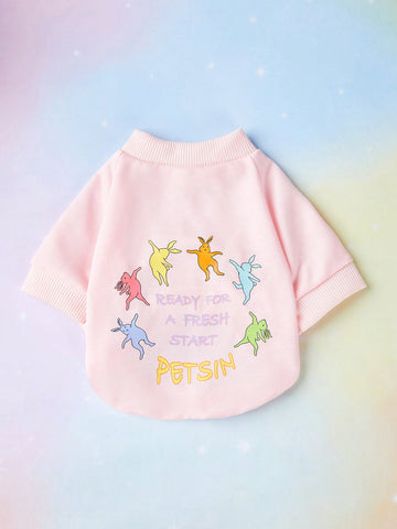 Colorful Cartoon Rabbit Printed Pink Sweatshirt With Easter Bunny Embroidered Drop Shoulder Detail Pet Sweater