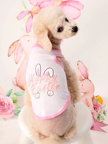 1pc Easter Pink & White Color Blocking Pet Vest With Bunny Print For Cats And Dogs