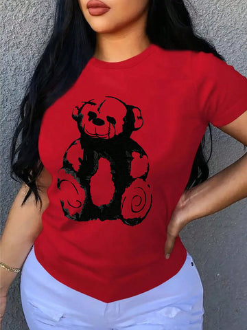 Women's Bear Printed Round Neck Short Sleeve T-Shirt