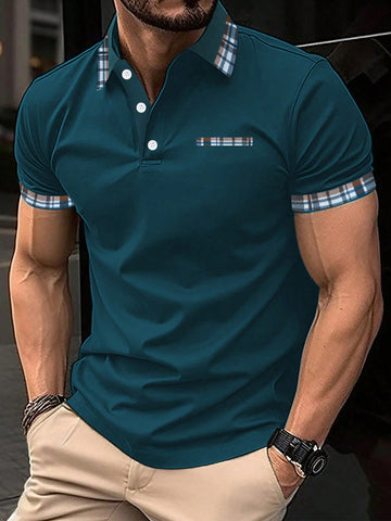 Men's Plaid Patchwork Short Sleeve Polo Shirt