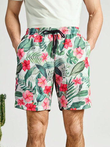 Men's Drawstring Waist Woven Shorts With Tropical Print