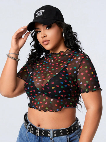 Plus Size Colorful Mesh Top With Heart-Shaped Print