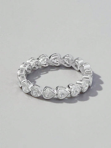 Cubic Zirconia Heart Decor Silver Wedding Band Engagement Bridal Jewelry