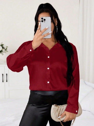Plus Size Solid Color Casual Long Sleeve Shirt