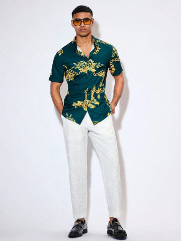 Men's Floral Chain Print Short Sleeve Woven Shirt