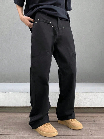 Men's Casual Solid Color Straight-Fit Pants With Oblique Pockets