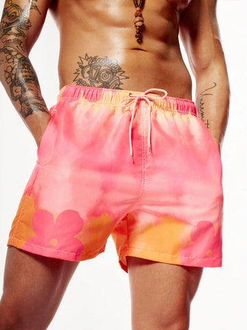 Men's Pink Tie-Dye Flower Printed Beach Shorts, For Summer, Swimming